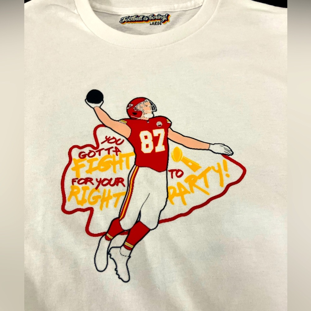 Travis Kelce Fight For Your Right To Party Flying Dunk Men’s White Tee Large